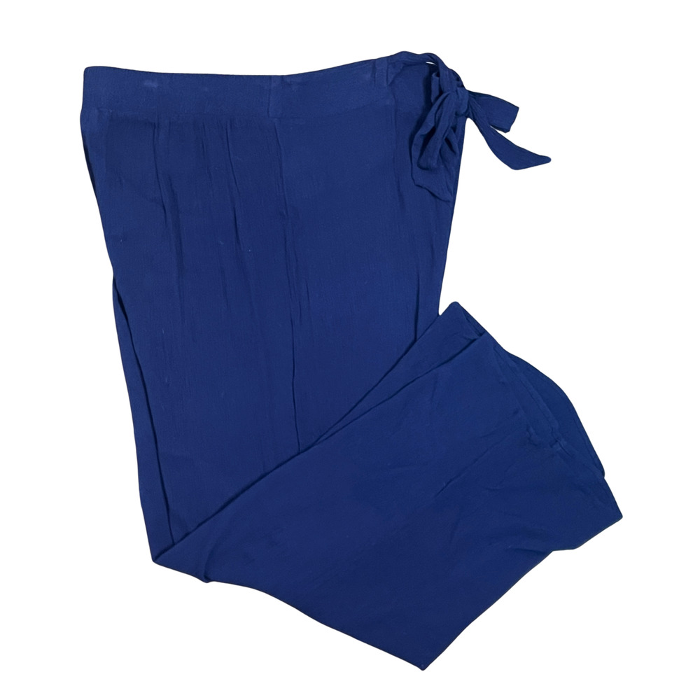 Elle Sz XL Wide Leg Pants Cropped 25.5"L Elastic Waist w/Tie Crinkle Rayon Blue